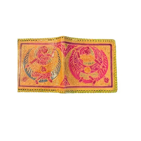 Vintage Hand Tooled 3 Piece Set Leather Clutch Wallet Coin Purse India Estate